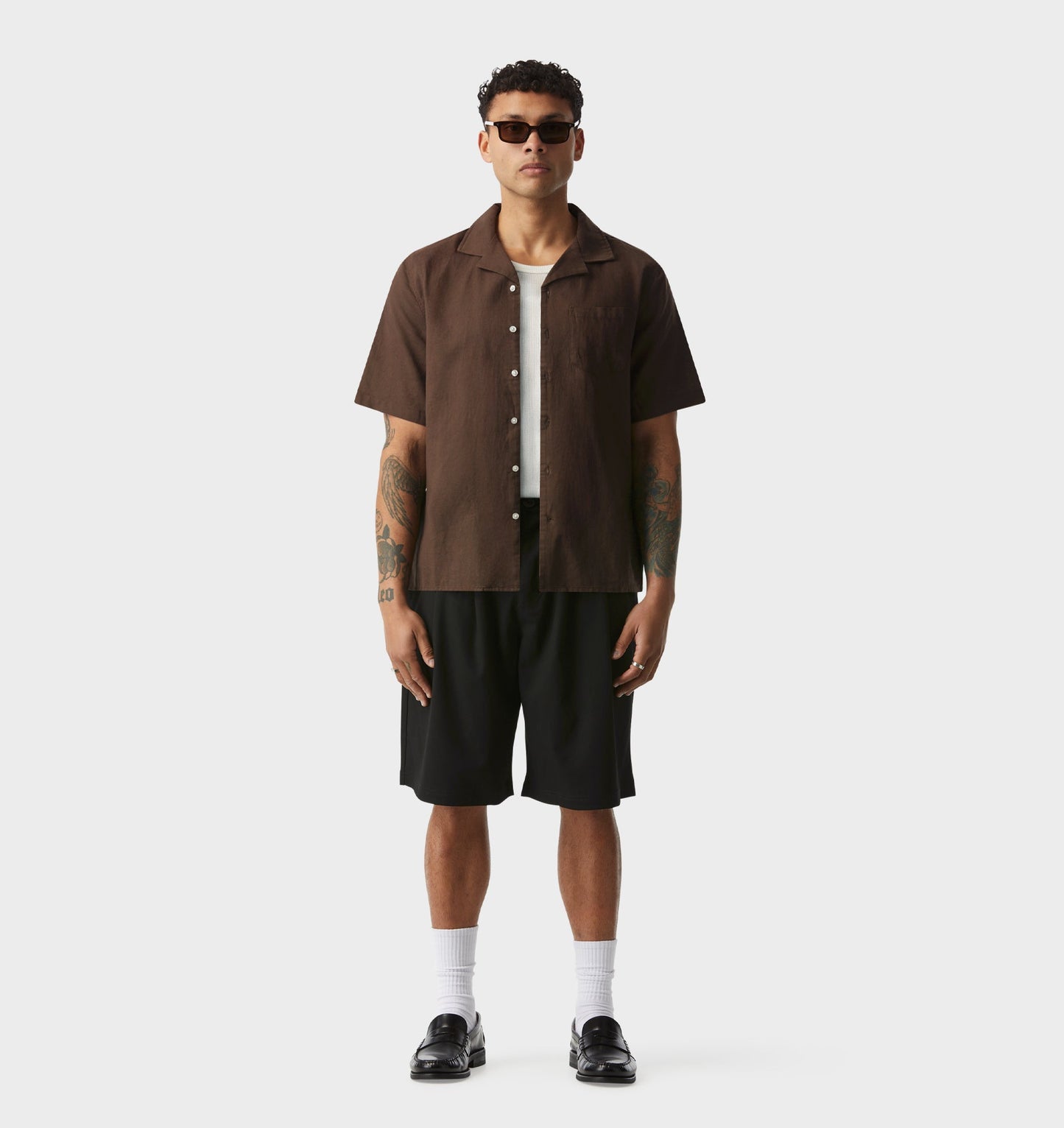 Linen Cuban Collar SS Shirt - Espresso