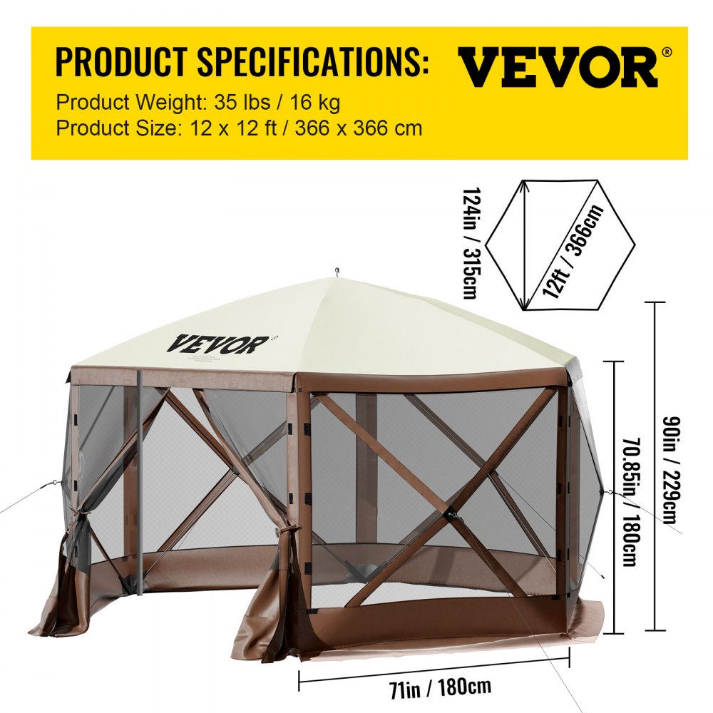 Special Offer  Camping Gazebo Screen Tent, 12*12ft, 6 Sided Pop-up Canopy Shelter Tent with Mesh Windows, Portable Carry Bag, Stakes, Large Shade Tents for Outdoor Camping