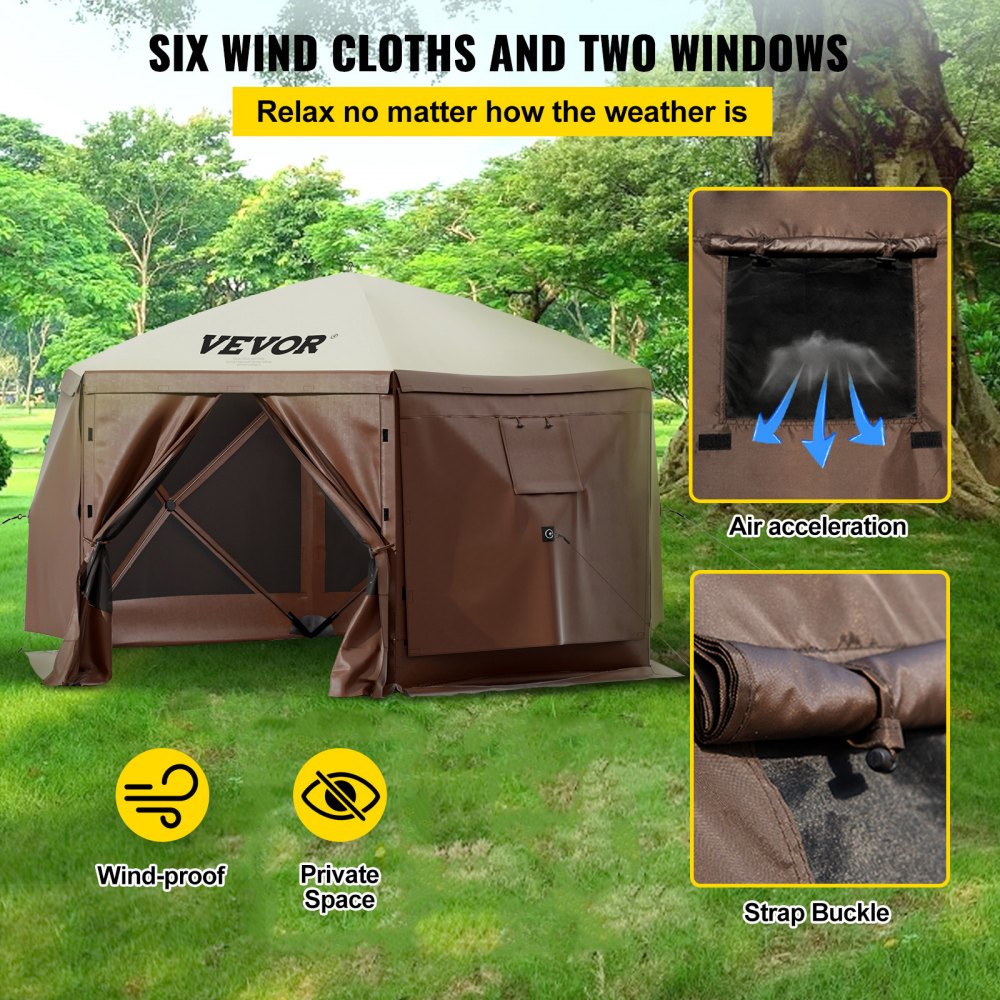 Special Offer  Camping Gazebo Screen Tent, 12*12ft, 6 Sided Pop-up Canopy Shelter Tent with Mesh Windows, Portable Carry Bag, Stakes, Large Shade Tents for Outdoor Camping