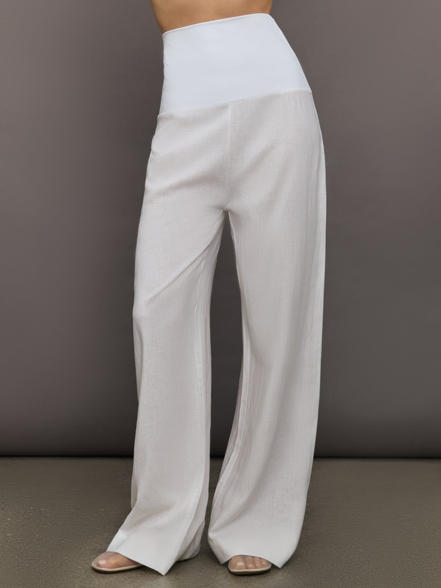 Fold Waist Linen & Melt Wide Leg Pant - White