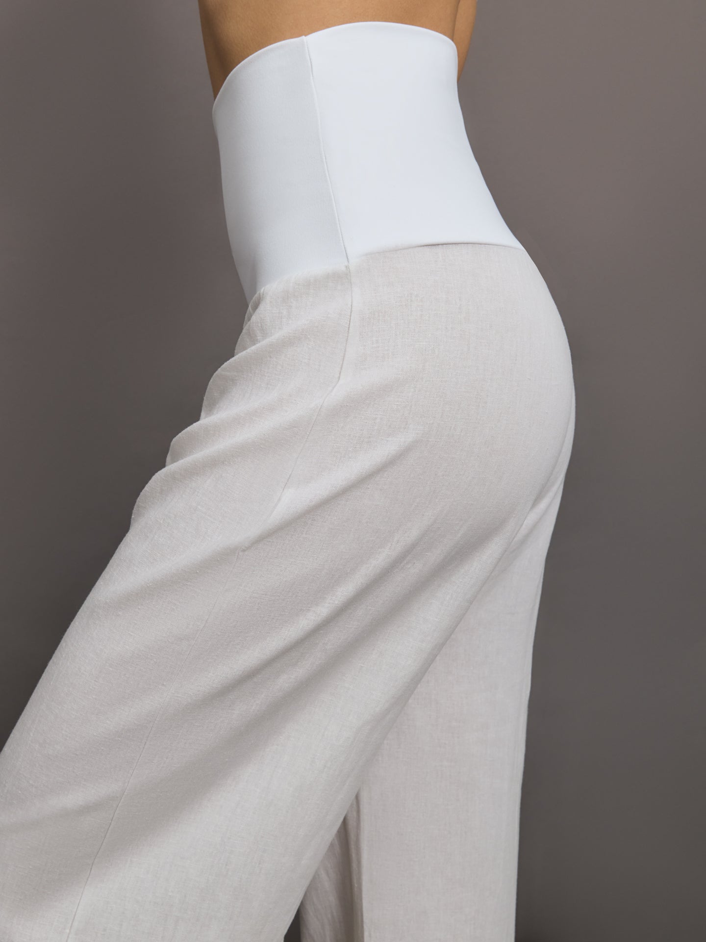 Fold Waist Linen & Melt Wide Leg Pant - White
