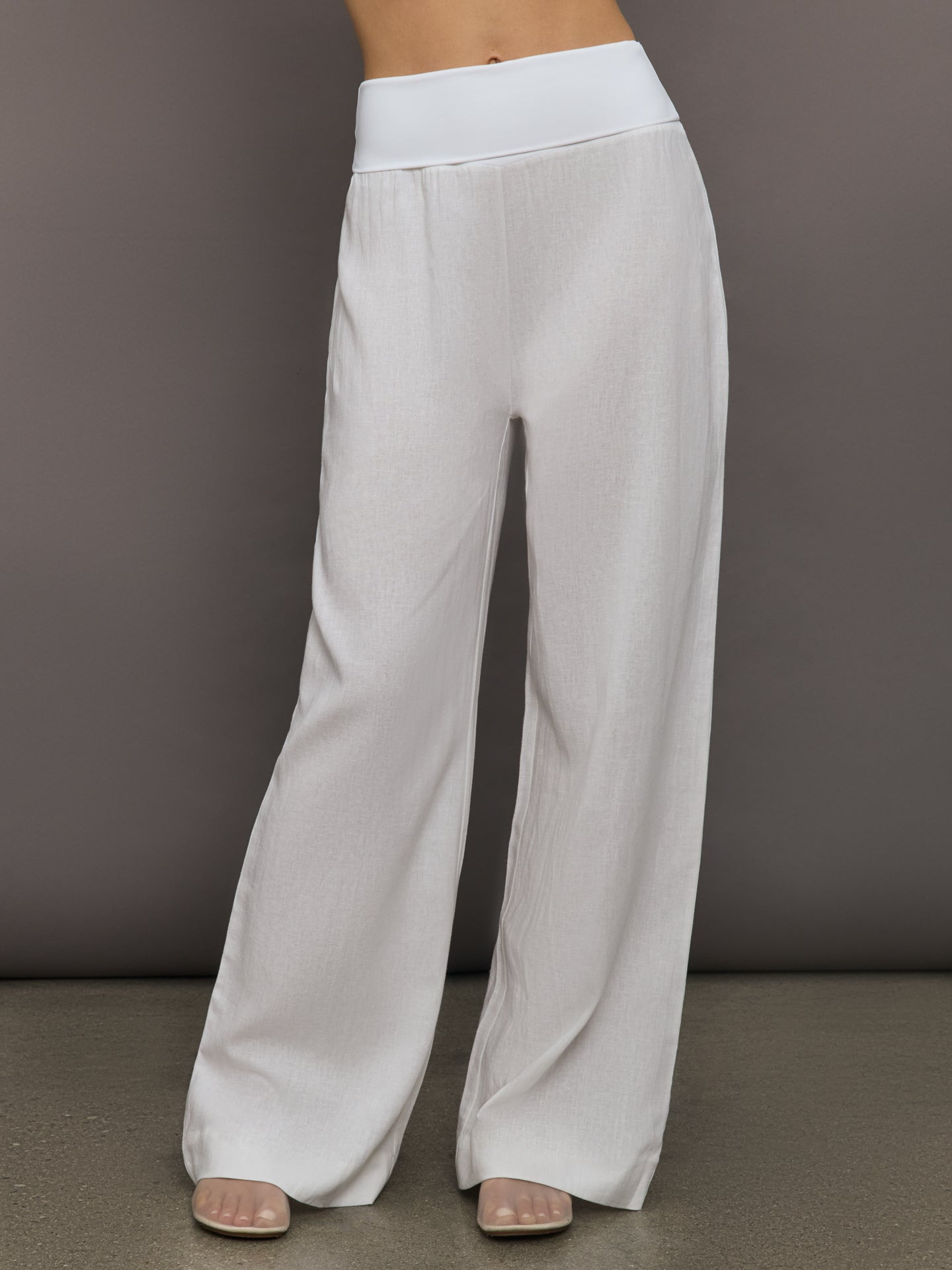 Fold Waist Linen & Melt Wide Leg Pant - White
